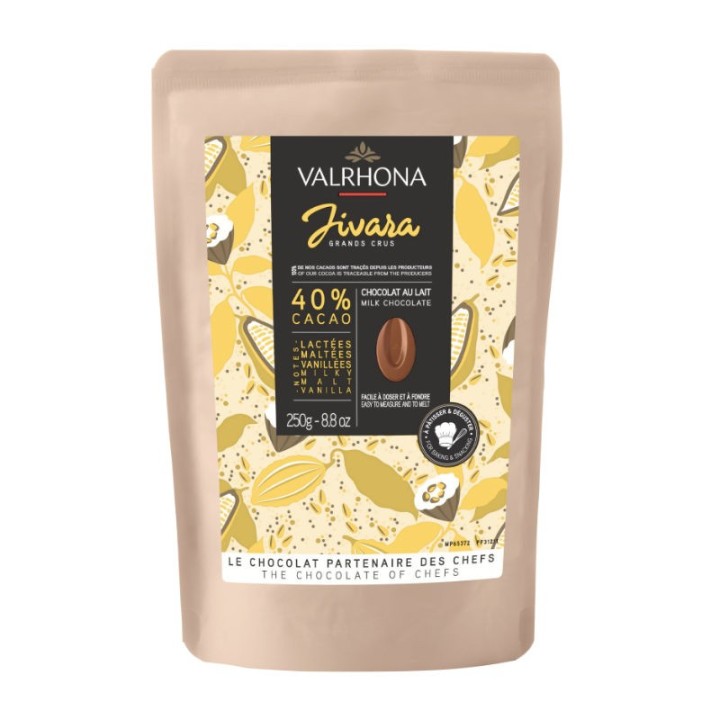 Chocolat au lait de couverture Jivara Valrhona 40% en pistoles 250gr